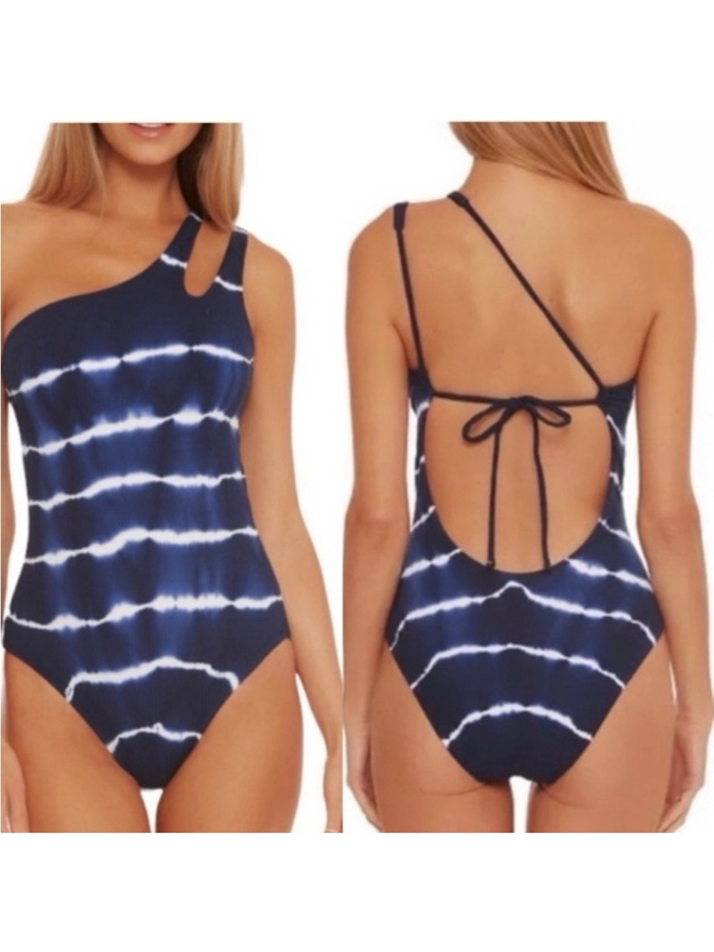 BECCA Navy and White One-Shoulder Tie-Back One-Piece Swimsuit